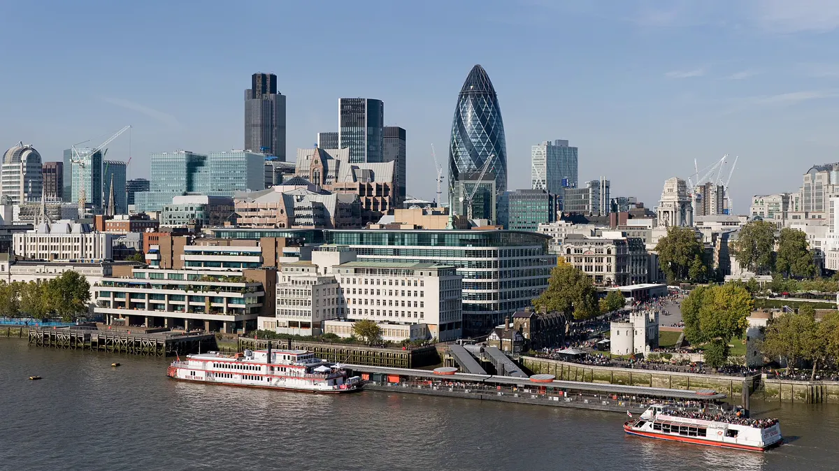 The City of London skyline seen across the River Thames, with the Gherkin and other towers