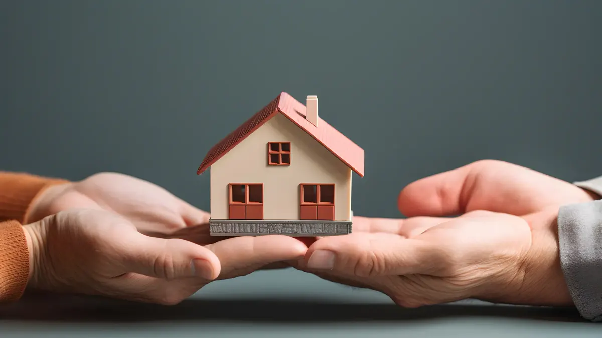 Two pairs of hands passing a small model house to each other